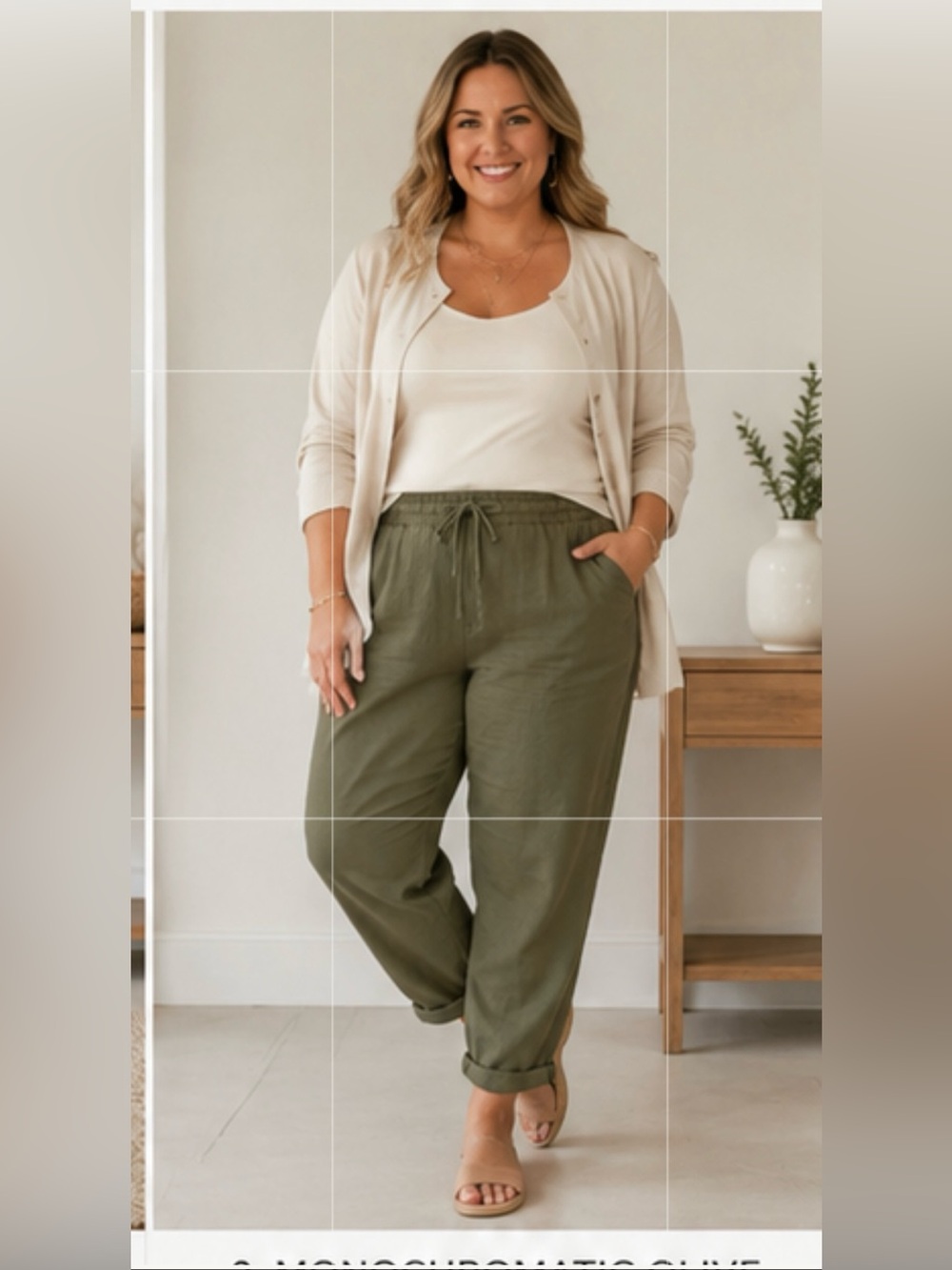 Caslon 100% linen military green pants with drawstring